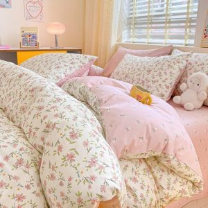 erwinmu floral girls duvet cover set twin size,farmhouse spring pink floral reversible bedding set for adults kids,elegant chic microfiber comforter cover twin with zipper closure and 1 pillowcase
